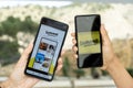 Benidorm, Spain - April 06, 2023: Two smartphones with content sharing platform Lemon8 app on the screen. Lemon8 is