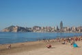 Benidorm Spain with people on beach just before covid virus lockdown