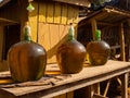 Primitive street gas station. Close up of bottles with fuel