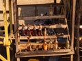 Primitive street gas station. Close up of bottles with fuel