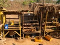 Primitive street gas station. Fuel is sold from the bottles