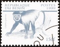 BENIN - CIRCA 1999: A stamp printed in Benin from the `Mammals` issue shows Mantled guereza Colobus guereza, circa 1999.