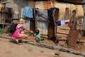 Benin, February 2020 - Local children meeting a tourist from Europe