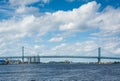 The Benjamin Franklin Bridge and Delaware River in Penns Landing, Philadelphia, Pennsylvania