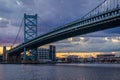 The Benjamin Franklin Bridge and and Delaware River at sunset, seen from Camden, New Jersey Royalty Free Stock Photo