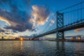 The Benjamin Franklin Bridge and and Delaware River at sunset, seen from Camden, New Jersey Royalty Free Stock Photo