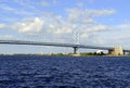 Benjamin Franklin Bridge, officially called the Ben Franklin Bridge, spanning the Delaware River joining Philadelphia