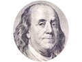 Benjamin Franklin face in ellipse on 100 dollar bill o white background. Royalty Free Stock Photo