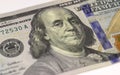 Benjamin Franklin face on US hundred or 100 dollars bill macro, united states money closeup. Royalty Free Stock Photo