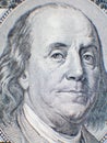 Benjamin Franklin face on us one hundred dollar bill macro , Royalty Free Stock Photo