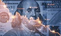 Benjamin Franklin face on USD dollar banknote with red decreasing stock market graph chart for symbol of economic recession crisis Royalty Free Stock Photo