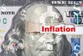 Benjamin Franklin face from USD dollar banknote with torn paper and inflation wording for economic recession crisis after covid-19