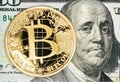 Benjamin Franklin with a grotesque grimace and bitcoin