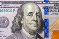 Benjamin Franklin`s face in close-up on a US hundred dollar bill Royalty Free Stock Photo