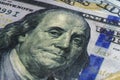 Benjamin Franklin& x27;s face on the US 100 dollar bill. Closeup of Ben Franklin on a one hundred dollar bill. Benjamin Royalty Free Stock Photo