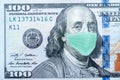 Benjamin Franklin With Worried and Concerned Expression Wearing Medical White  Face Mask On One Hundred Dollar Bill Royalty Free Stock Photo
