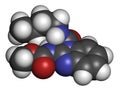 Benomyl fungicide molecule. 3D rendering. Atoms are represented as spheres with conventional color coding: hydrogen white,.