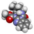 Benomyl fungicide molecule. 3D rendering. Atoms are represented as spheres with conventional color coding: hydrogen (white),