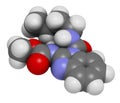 Benomyl fungicide molecule. 3D rendering. Atoms are represented as spheres with conventional color coding: hydrogen (white),