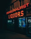Bensonhurst Liquors vintage sign at night, Brooklyn, New York