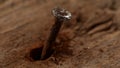 Bent Rusty Nail in Aged Wood. Royalty Free Stock Photo