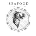 Bent salmon in jump, in the center round fishing nets on white background. Logo for fish products or seafood in woodcut style