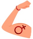 Bent woman arm showing strong muscles. Colored illustration