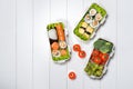 Bento box with different food, fresh veggies and fruits