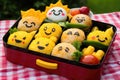 bento box featuring various emojis made from rice