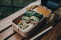 A bento box filled with sushi rolls and dipping sauce. AI generative image. Royalty Free Stock Photo
