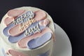 Bento Cake With Blue And Pink Cream Cheese Frosting And Happy Birthday Text On Top. Birthday Cake On A Gray Background