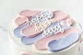 Bento Cake With Blue And Pink Cream Cheese Frosting And Happy Birthday Text On Top. Birthday Cake On White Background