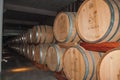 Pile of wood barrels in the Aurora Winery