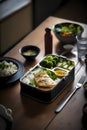 Bento lunch box on the table with chicken, rice and broccoli, generative AI