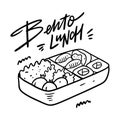 Bento Lunch. Japenese food. Black color vector illustration. Line art.