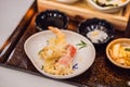 Bento set of prawn tempura and chicken teriyaki in japanese restaurant Royalty Free Stock Photo