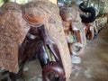 Bentota, Sri Lanka - May 04, 2018: Traditional large wooden elephants handmade in a souvenir shop