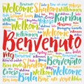 Benvenuto (Welcome in Italian) word cloud in different languages, conceptual background