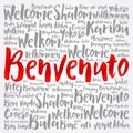 Benvenuto (Welcome in Italian) word cloud in different languages, conceptual background