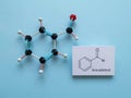 Benzaldehyde, aromatic aldehyde. Molecular structure model and structural chemical formula of benzaldehyde