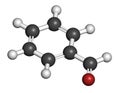 Benzaldehyde bitter almond odor molecule. 3D rendering. Atoms are represented as spheres with conventional color coding: hydrogen.