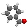 Benzaldehyde bitter almond odor molecule. 3D rendering. Atoms are represented as spheres with conventional color coding: hydrogen