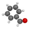 Benzaldehyde bitter almond odor molecule. 3D rendering. Atoms are represented as spheres with conventional color coding: hydrogen