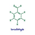Benzaldehyde hand drawn vector formula chemical structure lettering blue green Royalty Free Stock Photo