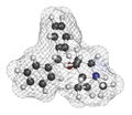 Benzatropine (benztropine) anticholinergic drug molecule. Used in treatment of Parkinson\'s disease and Parkinsonism. Atoms are Royalty Free Stock Photo