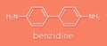 Benzidine 4,4Ã¢â¬â¢-diaminobiphenyl chemical. Highly carcinogenic. Used in production of dyes. Skeletal formula.