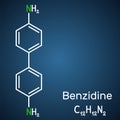 Benzidine molecule. It is aromatic amine, used for the detection of blood and as a reagent in the manufacture of dyes. Structural