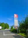 Benzina gas and petrol station. Advertising pylon with brand logo.