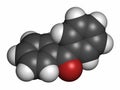 Benzophenone molecule, 3D rendering. Atoms are represented as spheres with conventional color coding: hydrogen (white), carbon (