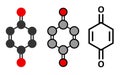 Benzoquinone quinone, para-benzoquinone molecule. Stylized 2D renderings and conventional skeletal formula.